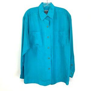 Vintage 90s Silk Oversized Button-Up Turquise Shirt from Details Express Sz M